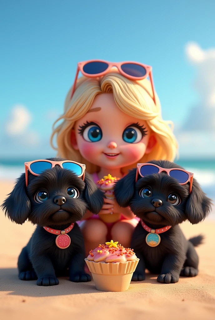cute adorable 2 black shih tzu puppies with big blue eyes wearing sunglasses, cute blonde girl with big blue eyes wearing sunglasses, extremely detailed, big blue eyes, wearing colorful collar and sunglasses, served treats on a platter, 3D Pixar style, at beach, photorealistic, (best quality,8k,highres,masterpiece:1.2),ultra-detailed,(realistic:1.37),HDR,vivid colors,studio lighting