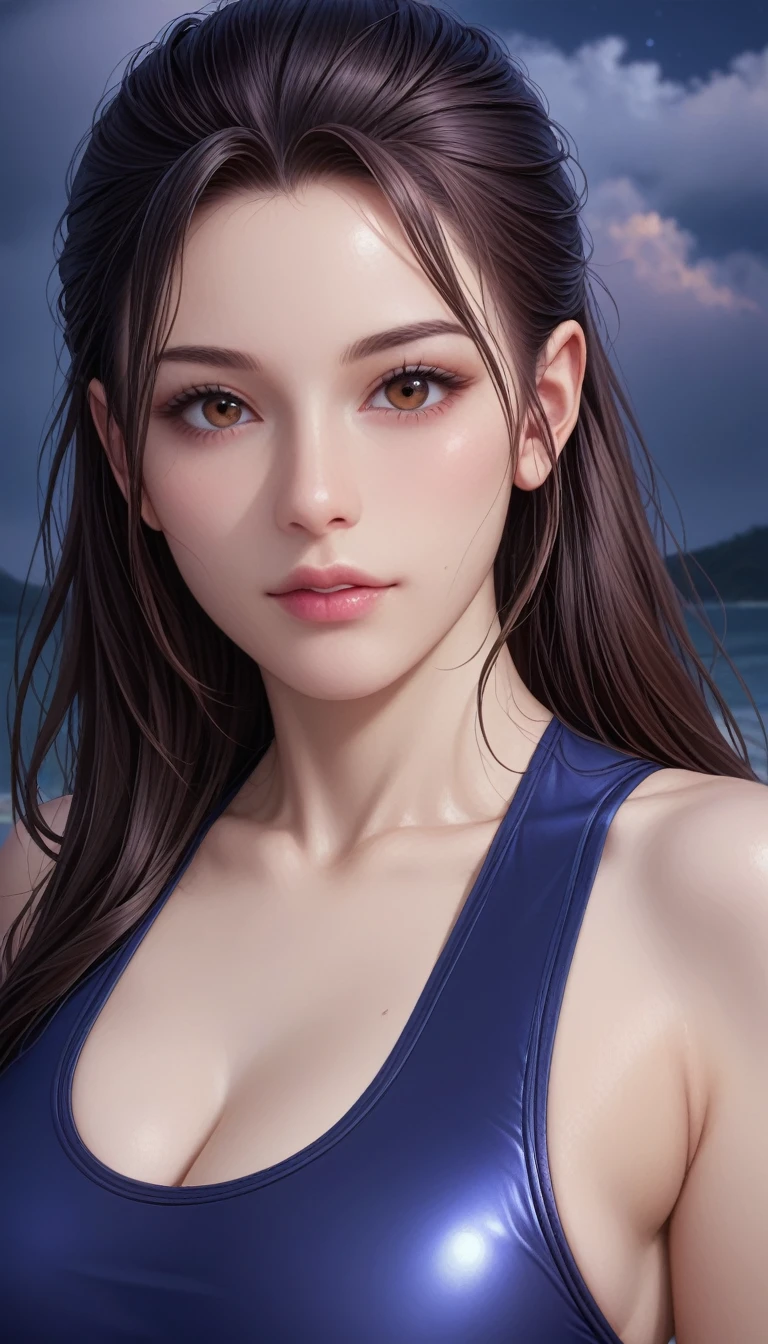 score_9, score_8_superior, score_7_superior, High-resolution CG illustration,A masterpiece in 32K resolution,Highest quality,it is really amazing,Very detailed,Ultra-high resolution,Ultra-realistic,Realistic,Increased depth of field,Cinematic lighting,
Sexy mature Japan woman,
Straight long hair with black hair,Ultra-detailed and beautiful face,Calm and gentle look,Beautiful brown eyes,Translucent white skin,Realistic skin texture,Great proportions,
Sexy high leg swimsuit,
Artistic design,Chic color scheme,Detailed fabric texture,
Dark overcast sky on a dull night,Dark clouds filling the sky,Thundercloud,Coastline at night,Stormy seas,delay々A desolate sandy beach that continues,
Beautiful bust up,Cinematic Angle,