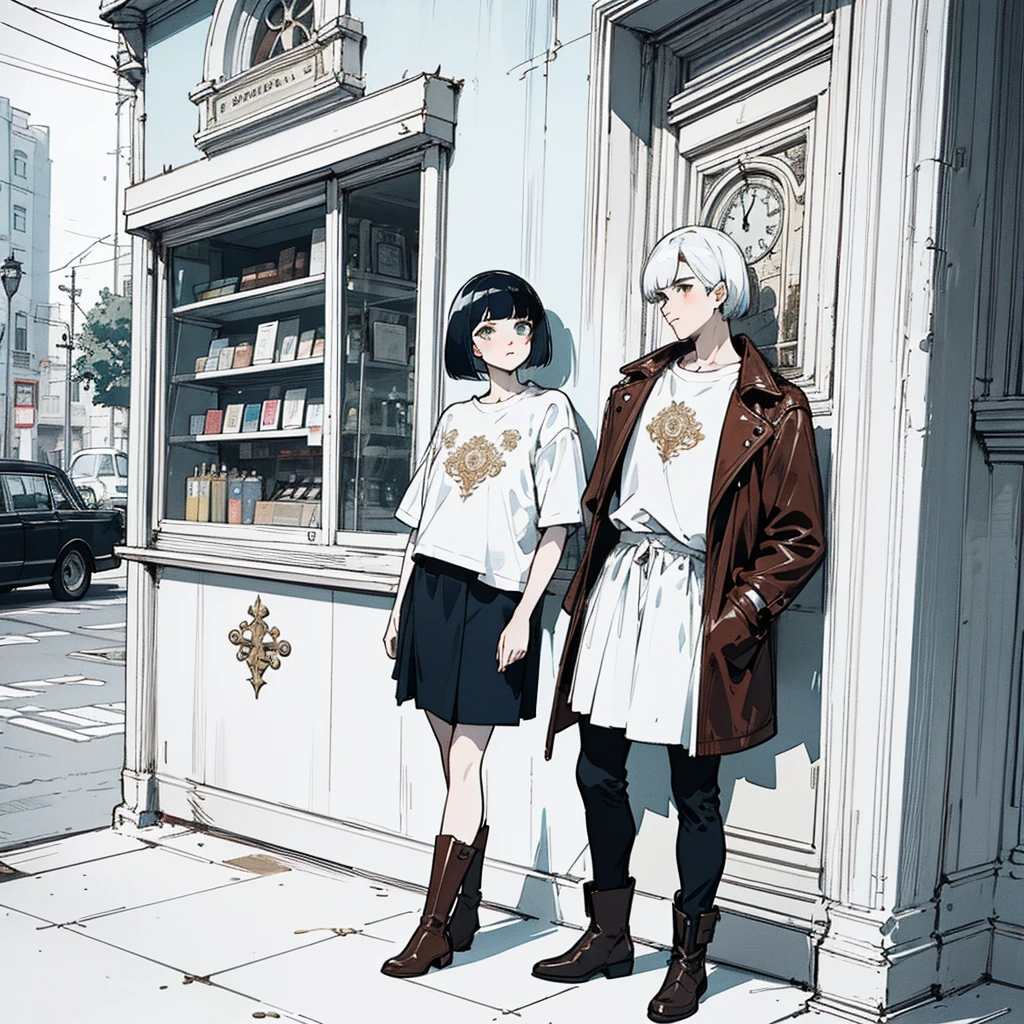 Anime-style illustration of a stylish couple outside a vintage café. Young man with black hair wearing a brown leather jacket and white t-shirt, leaning against the café door. Red-haired girl with bob cut in a red leather jacket and white floral-patterned midi skirt, holding a tablet. Both wearing boots. Café exterior in muted blue tones with ornate clock design on the window. Warm lighting, urban setting, 1950s retro aesthetic with modern touches. High-quality digital art, detailed, cinematic lighting.