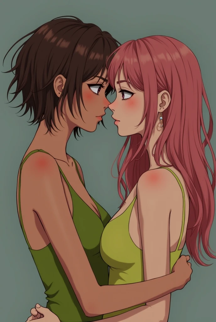Give me a realistic image of two lesbian girls hugging and looking into each other's eyes,a brunette with short, messy hair that reaches her shoulders, 21 years old with slanted and tired eyes, with dark circles, round face, 1.54m, round nose, cheeks, slim, one with a masculine and dominant personality and the other a queen of the underworld with very long pink blonde hair, of 19 a 23 años, of 1.50m, very feminine, Asian features but round, purple eyes, cute and seductive, lime green dress, with a seductive personality 