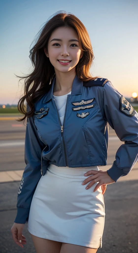 (highest quality, 8K, 32k, masterpiece, uhd:1.2), (realistic:1.5), (masterpiece, Highly detailed CG Unity 8K wallpaper, highest quality, High resolution:1.2), (Super detailed, uhd:1.2), Photo of extremely cute and beautiful Japanese woman, (Long wavy chestnut hair:1.2), adult, (detailed beautiful girl:1.4), highest quality, woman, adult, (Detailed US Air Force Pilot Uniform:1.5), (Pilot Captain Jacket:1.3), (High waist pencil mini skirt:1.3), (Beautiful sunset us air force base runway view background:1.2), （A-10、F-18、air force plane）laugh shyly:1, looking at the viewer, towards the audience, ((Perfect woman&#39;s body)), (tight waist:1.2), (Image of the whole body from the knees up:1.3), thin, abs, (beautiful breasts:1.25), assemble the head, wind, dynamic pose, cinematic light, Backlight, fine clothes, perfect anatomy, perfect proportions, detailed human body, Stylish model in sexy pose,soft expression、smile、Sexy slit thighs and beautiful legs、A sneak peek of abs、A glimpse of her no underwear , Besides have a Myanmar National Flag and Myanmar Airplane.