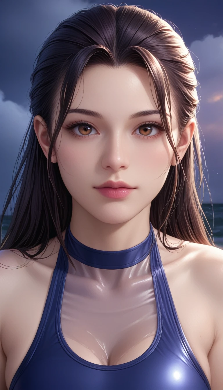 score_9, score_8_superior, score_7_superior, High-resolution CG illustration,A masterpiece in 32K resolution,Highest quality,it is really amazing,Very detailed,Ultra-high resolution,Ultra-realistic,Realistic,Increased depth of field,Cinematic lighting,
Sexy mature Japan woman,
Straight long hair with black hair,Ultra-detailed and beautiful face,Calm and gentle look,Beautiful brown eyes,Translucent white skin,Realistic skin texture,Great proportions,
Sexy high leg swimsuit,
Artistic design,Chic color scheme,Detailed fabric texture,
Dark overcast sky on a dull night,Dark clouds filling the sky,Thundercloud,Coastline at night,Stormy seas,delay々A desolate sandy beach that continues,
Beautiful bust up,Cinematic Angle,