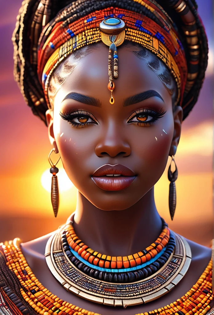 A beautiful curvy black woman, detailed facial features, long eyelashes, beautiful detailed lips, extremely detailed face, 1 woman, african tribal clothes, beads, wet surface ground, african sculptures, sunset background, african instruments, iridescent lighting, best quality, 4k, 8k, highres, masterpiece, ultra-detailed, realistic, photorealistic, photo-realistic, HDR, UHD, vivid colors, cinematic lighting, artgerm style