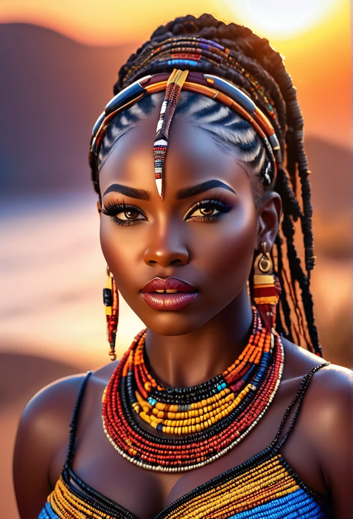 A beautiful curvy black woman, detailed facial features, long eyelashes, beautiful detailed lips, extremely detailed face, 1 woman, african tribal clothes, beads, wet surface ground, african sculptures, sunset background, african instruments, iridescent lighting, best quality, 4k, 8k, highres, masterpiece, ultra-detailed, realistic, photorealistic, photo-realistic, HDR, UHD, vivid colors, cinematic lighting, artgerm style
