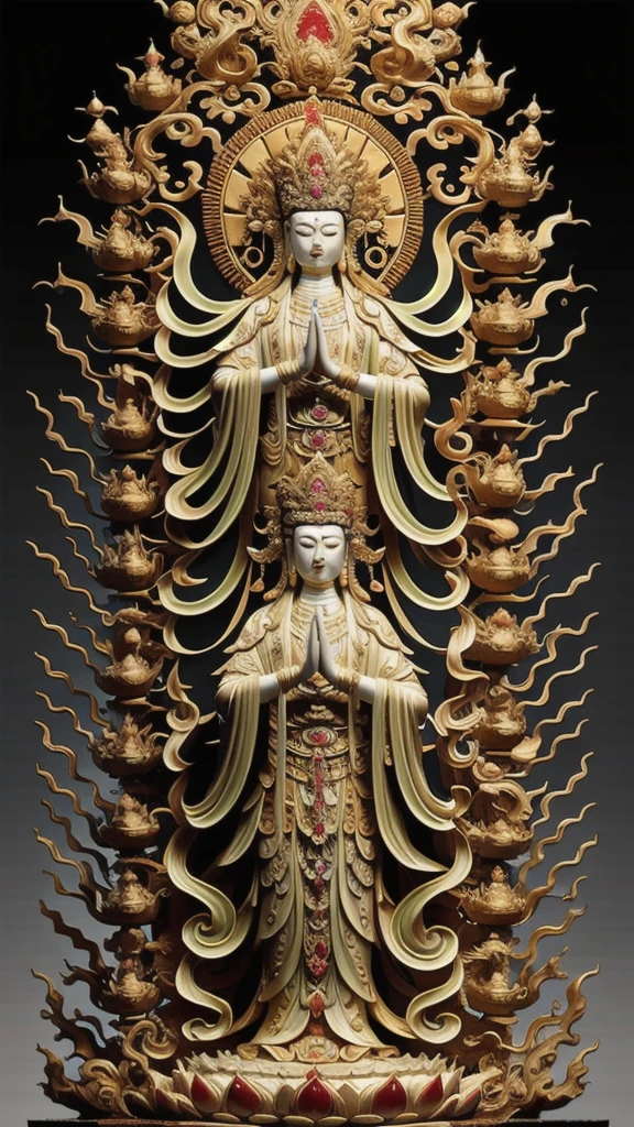  statue of guan yin made of jade and jewelry, crystal clear and shinning, beautyfull  face, multiple hands holding some treasure weapons , detailed hands,  floating red ruby lotus , full body, masterpieces, super detail, epic composition, ultra HD, high quality, extremely detailed, official art, unified 8k wallpaper, Super detail, 