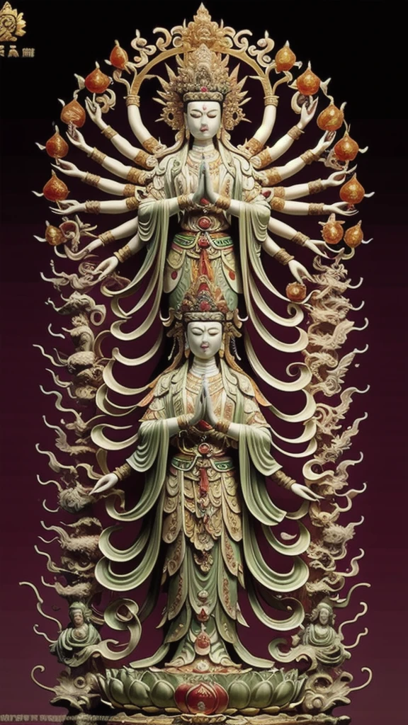  statue of guan yin made of jade and jewelry, crystal clear and shinning, beautyfull  face, multiple hands holding some treasure weapons , detailed hands,  floating red ruby lotus , full body, masterpieces, super detail, epic composition, ultra HD, high quality, extremely detailed, official art, unified 8k wallpaper, Super detail, 