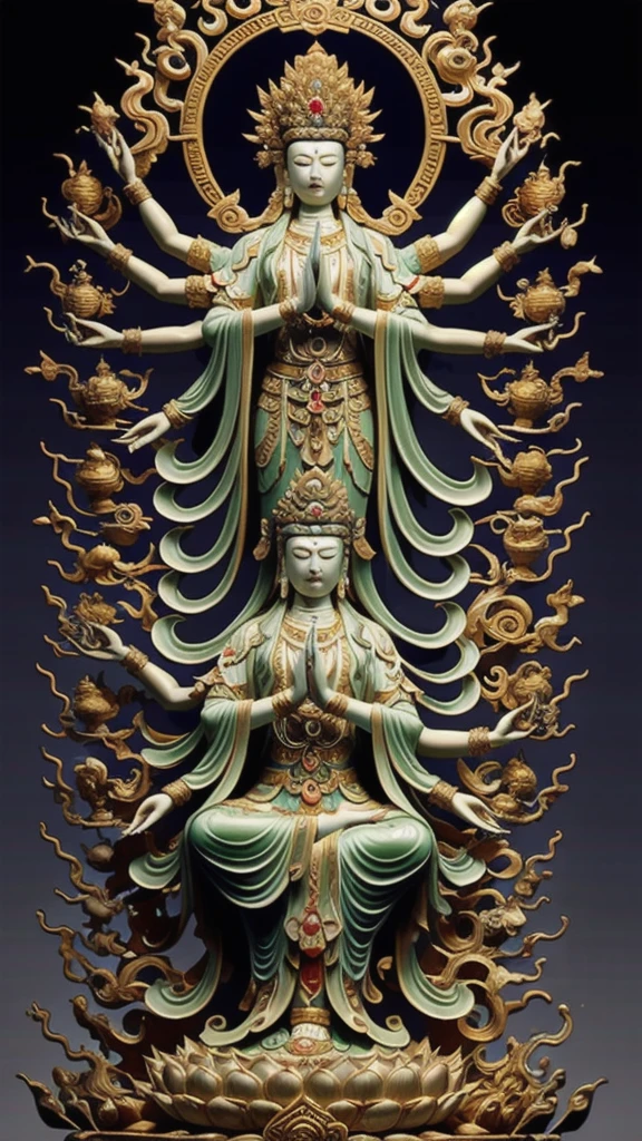  statue of guan yin made of jade and jewelry, crystal clear and shinning, beautyfull  face, multiple hands holding some treasure weapons , detailed hands,  floating red ruby lotus , full body, masterpieces, super detail, epic composition, ultra HD, high quality, extremely detailed, official art, unified 8k wallpaper, Super detail, 