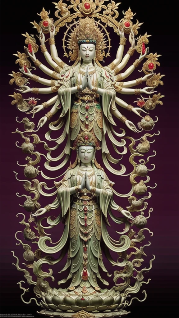  statue of guan yin made of jade and jewelry, crystal clear and shinning, beautyfull  face, multiple hands holding some treasure weapons , detailed hands,  floating red ruby lotus , full body, masterpieces, super detail, epic composition, ultra HD, high quality, extremely detailed, official art, unified 8k wallpaper, Super detail, 