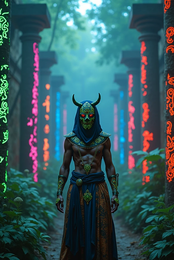 A high-resolution brightly lit photorealistic photograph of a cyberpunk tech wear shaman wearing shamanic ornaments and face mask tribals with tribal clothings and colourfull masks in uv green and blue with criptic signs glowing on the fabric standing by an ancient rain forest temple ruins glowing with criptic symbols of tribals and alienish paterns on the tree trunks glowing in uv red and pink turquoise blue and green colours smog and misty fog in the atmosphere uv glowing blury lightings on the path way lighting the whole aura broken ruins of ancient goddess skulptor glowing in uv colours a ceremony of the tribes The photograph is styled like a high-end lifestle Movie hdr32 k this orignal image octate render unreal lightings, highly detailed , photo realistic , unreal engine 5, depth of view, add noise, Effet de vent:1.9,Effets de nuage:1.2,Rendu complet,Encaustic painting,flammes, epic, dawn, dramatic lighting, dim light, bokeh, The photograph has a light bright happy feel. Use a high-resolution 16k camera with a 2:3 aspect ratio, a raw style, and a quality setting of 2 to capture this vibrant scene . 32k, full ultra hd, high resolution, photorealistic, natural lighting, ultra realistic photo, high quality, HDR, high resolution, smooth and delicate skin, noble and elegant, ultra-realistic photography vibe, shot with Canon camera, intricate details, 32k --ar 16:9 --s 750 --v 6.1