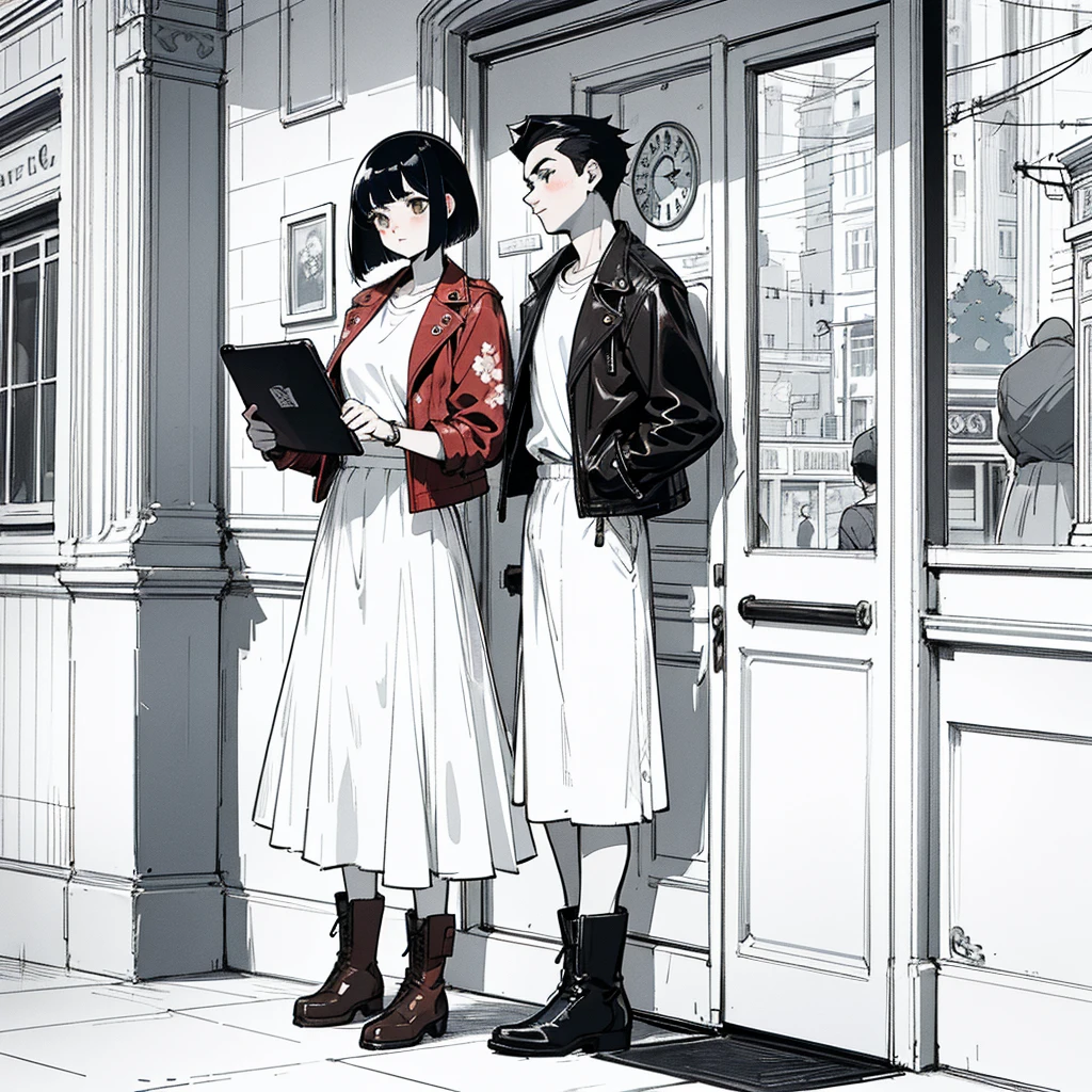 Anime-style illustration of a stylish couple outside a vintage café. Young man with black hair wearing a brown leather jacket and white t-shirt, leaning against the café door. Red-haired girl with bob cut in a red leather jacket and white floral-patterned midi skirt, holding a tablet. Both wearing boots. Café exterior in muted blue tones with ornate clock design on the window. Warm lighting, urban setting, 1950s retro aesthetic with modern touches. High-quality digital art, detailed, cinematic lighting.