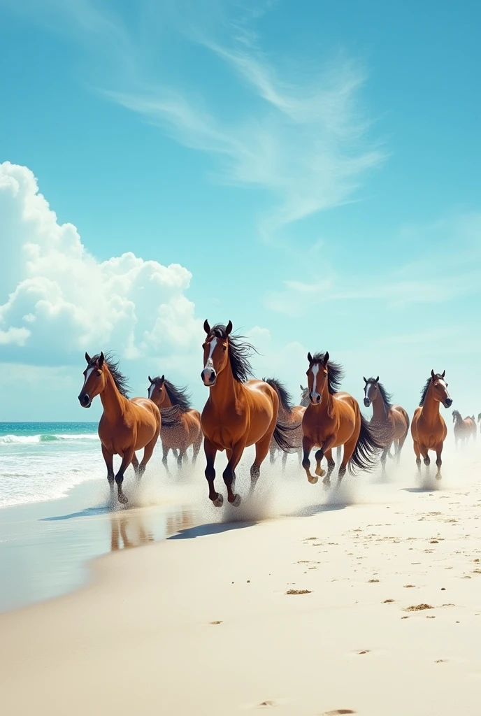 Herd of wild horses running on the sea beach The sky is clear and the wind is blowing.