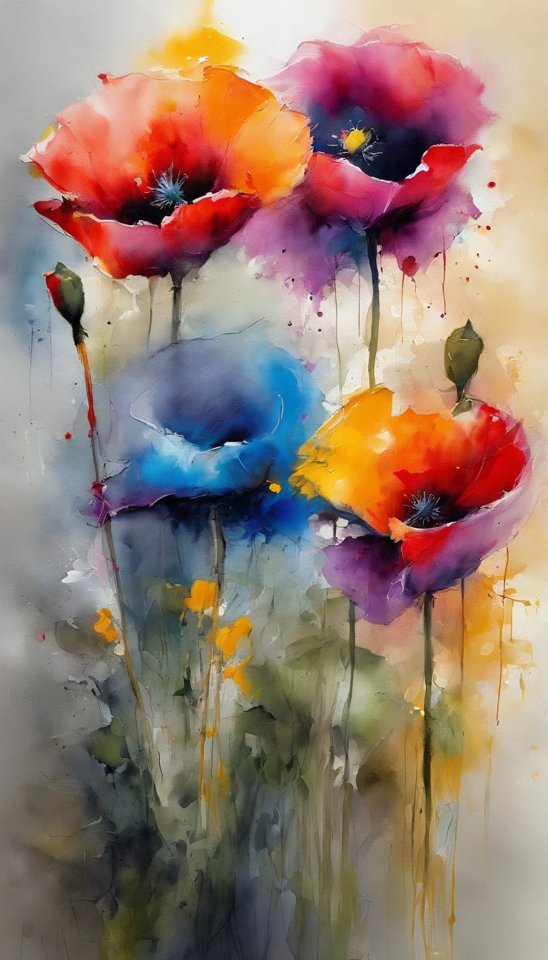 ((materpiece)), ((best quality)), ((high-res)), ((Ink wash)), ((artist)), ((extremly details)), beautiful poppy flowers, neon colors