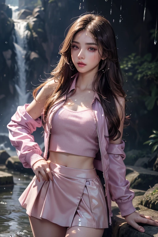 8k, masterpiece, 1 girl, beautiful face, ((very long hair)), glossy makeup, closed mouth, (glossy skin:1.5), detailed eyes, detailed lips, small bust, pink short jacket, lavender vest, ((pink mini skirt)), ((under pants)), ((bare thigh)), straps clothing, (water falling:1.5), steam effect, water vapor, adult pose,