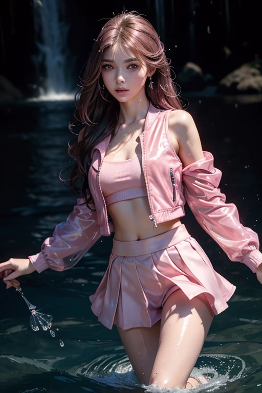 8k, masterpiece, 1 girl, beautiful face, ((very long hair)), glossy makeup, closed mouth, (glossy skin:1.5), detailed eyes, detailed lips, small bust, pink short jacket, lavender vest, ((pink mini skirt)), ((under pants)), ((bare thigh)), straps clothing, (water falling:1.5), steam effect, water vapor, adult pose,