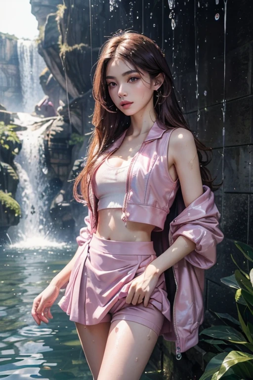 8k, masterpiece, 1 girl, beautiful face, ((very long hair)), glossy makeup, closed mouth, (glossy skin:1.5), detailed eyes, detailed lips, small bust, pink short jacket, lavender vest, ((pink mini skirt)), ((under pants)), ((bare thigh)), straps clothing, (water falling:1.5), steam effect, water vapor, adult pose,