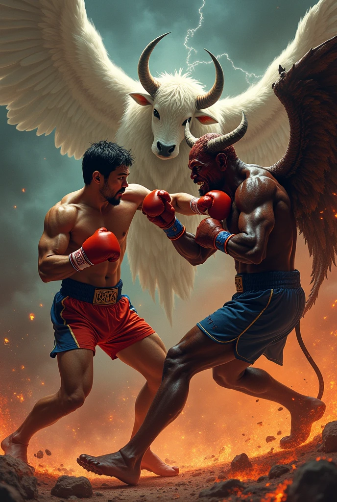 Draw Manny Pacquiao punches the Devil while the Angel that has the face of an Ox with six wings full of eyes watching them fight in Hades