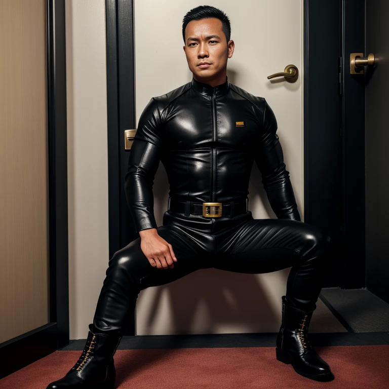 30 years old,One Man,Black bodysuit、Shocker Belt、Combatant、With a handgun on his hip、corridor、Sit with your legs open on the door、,,logic,Gay ,Very short hair、　,Asian Faces,、The crotch area of my trousers is swollen　Handsome　Black boots　Screaming in agony