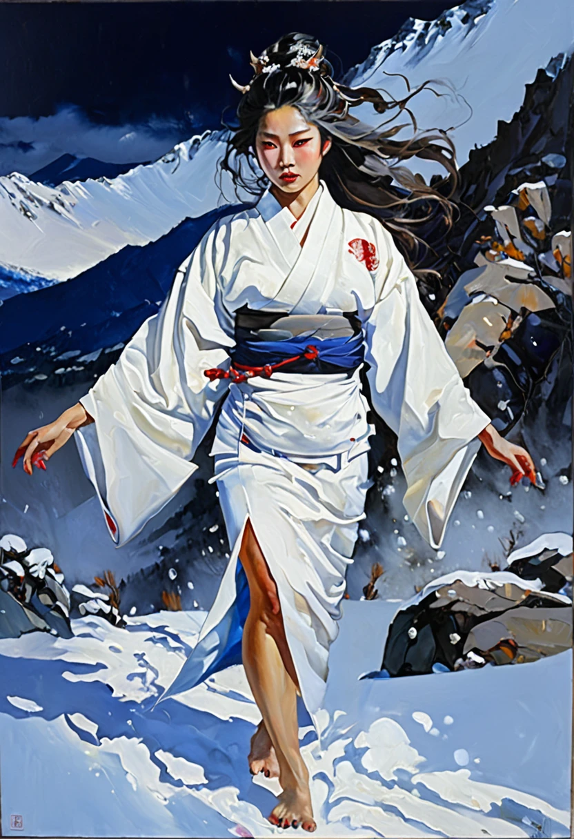 in snow mountains, The weather in the mountains is a blizzard、Painting of a female monster with long hair、Wearing a white kimono、A painting of a female demon with a beautiful face、A painting of a female demon directing your path、darkness、wind and snow、dark sky, Low light、snow、A beautiful female demon appears in the snowstorm and kills people who get lost.、Black mountain range background、Night mountain background、intricate and intense Oil paints, Abstract Painting, intricate Oil paintsing artwork, Vadim Kashin、Realistic, gives the viewer a detailed impact, a portrait painted with oil paint, , intricate and wet Oil paints, Oil paints, New art beyond dimensions, ryan hewett、bichu、oil paintin、A three-dimensional painting、super masterpiece、Ultra high definition、vivid colors、