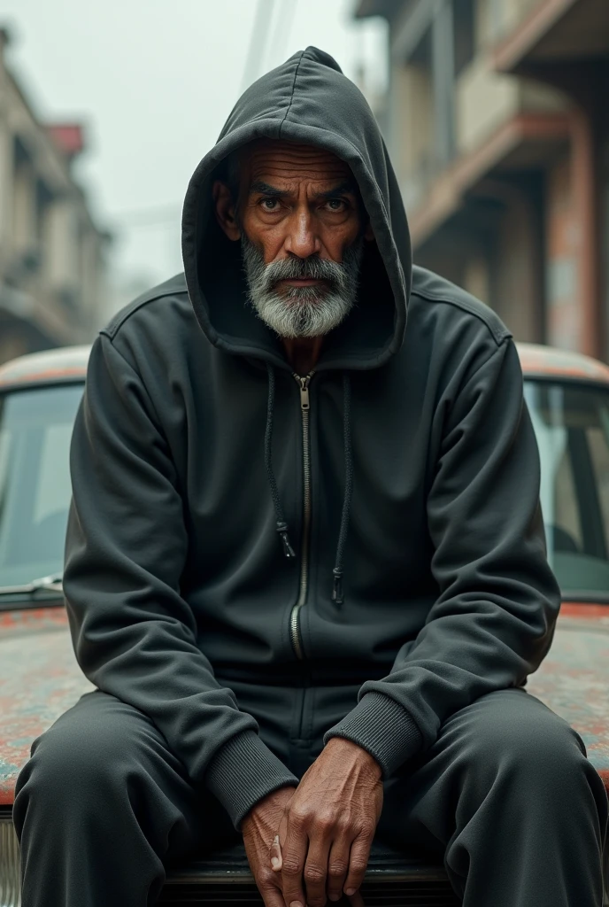 A men named Ganesh siting on car
Wearing hoody