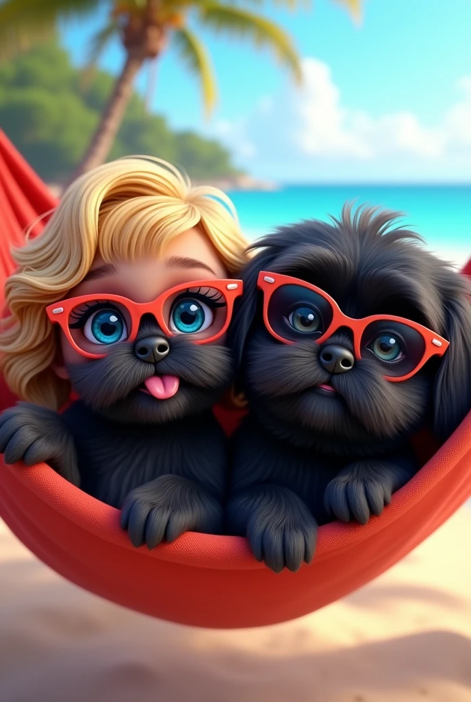 cute adorable 2 black shih tzu puppies with big blue eyes wearing sunglasses, cute blonde girl, extremely detailed, big blue eyes, wearing colorful sun glasses, lying in hammock, 3D Pixar style, at beach, photorealistic, (best quality,8k,highres,masterpiece:1.2),ultra-detailed,(realistic:1.37),HDR,vivid colors,studio lighting