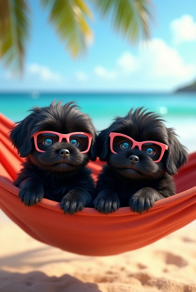cute adorable 2 black shih tzu puppies with big blue eyes wearing sunglasses, cute blonde girl, extremely detailed, big blue eyes, wearing colorful sun glasses, lying in hammock, 3D Pixar style, at beach, photorealistic, (best quality,8k,highres,masterpiece:1.2),ultra-detailed,(realistic:1.37),HDR,vivid colors,studio lighting