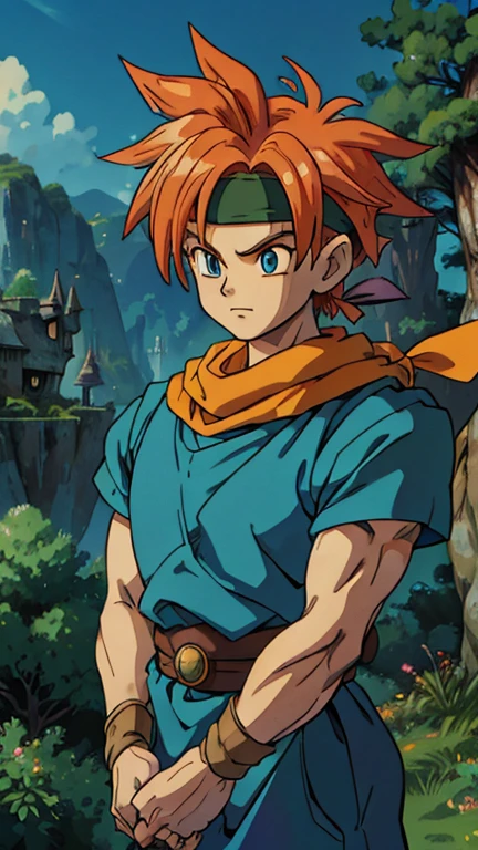 (1man, Crono_CT), (extremely detailed CG unit 8k wallpaper),(master part), (best quality), (ultra detail), (best illustration),(ghibli style), cowboy shot, (Sharp eyeliner, ombre, detail eyes:1), Hogwarts, outdoors background, ,break , (fairytaleai), upper body, blue tunic, white headband, orange neckerchief, red hair, spiked hair,