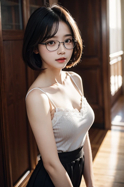 One woman, Japan people in their 20s, symmetrical beauty, Small face, sharp outline, A dark-haired, Shoulder length short bob hair, Curly hair, The hair near the shoulders should have strong waves., With bangs, thick eyebrow,realisticeyes, 二重まぶた, drooing eyes, Thicker lips, closes mouth, A slight smil, Smiling smile, Rimless glasses, Rimless glasses, Wheat-toned skin, realistic skin textures, H Cup, a little fat, Crouching posture, Sweaters, skirt by the, directly in front of the camera, looking directly at the viewer, Looking at the camera, The light source is from the front.