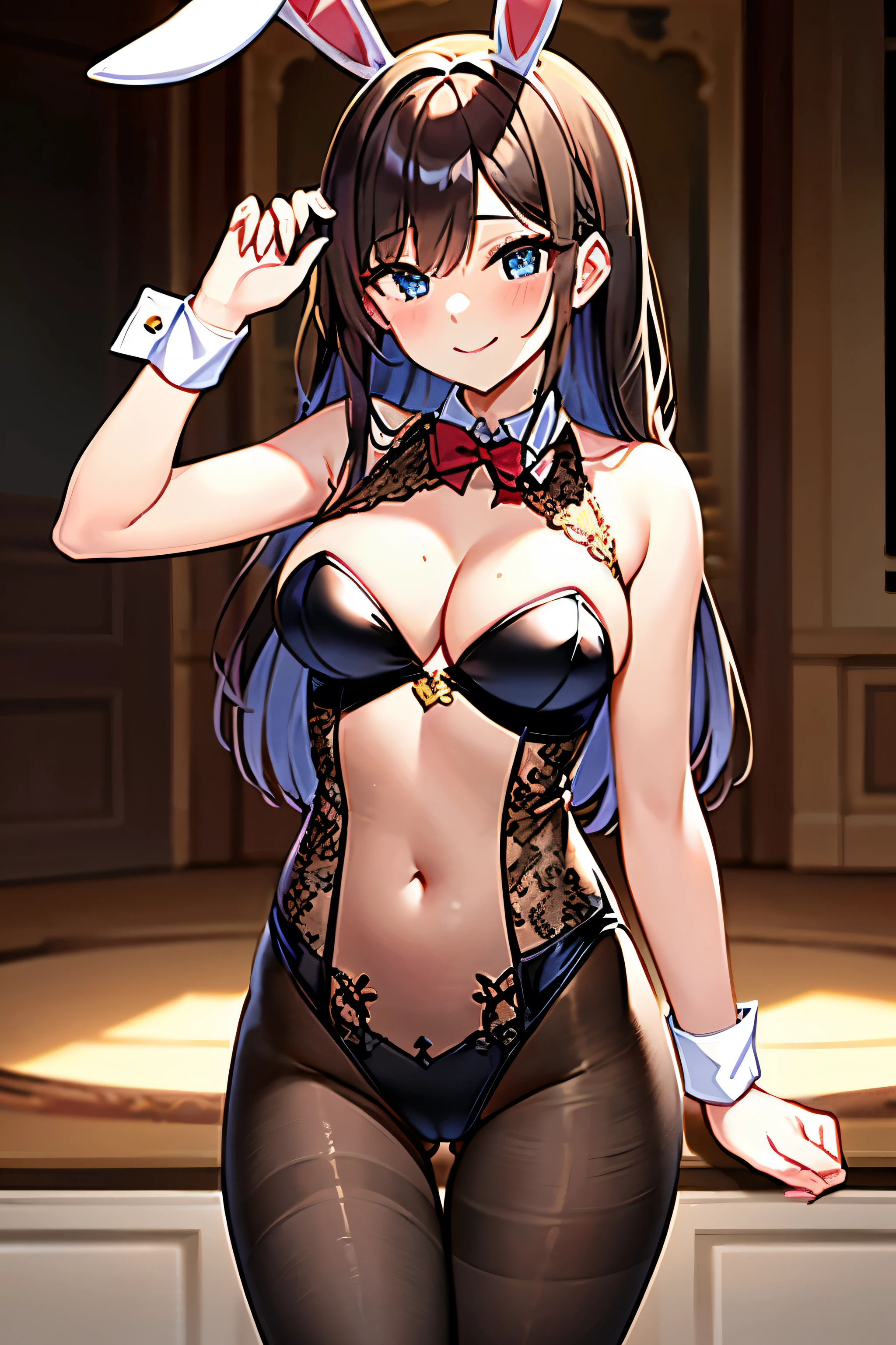 Prompt: masterpiece,best quality,extremely detailed,(Cute sexy girl),(medium large breasts),sexy posing,(enjoy smile),(ultra detailed,sexy see-through lace gold play bunny),(panty hose),gorgeous room,cowboy shot,