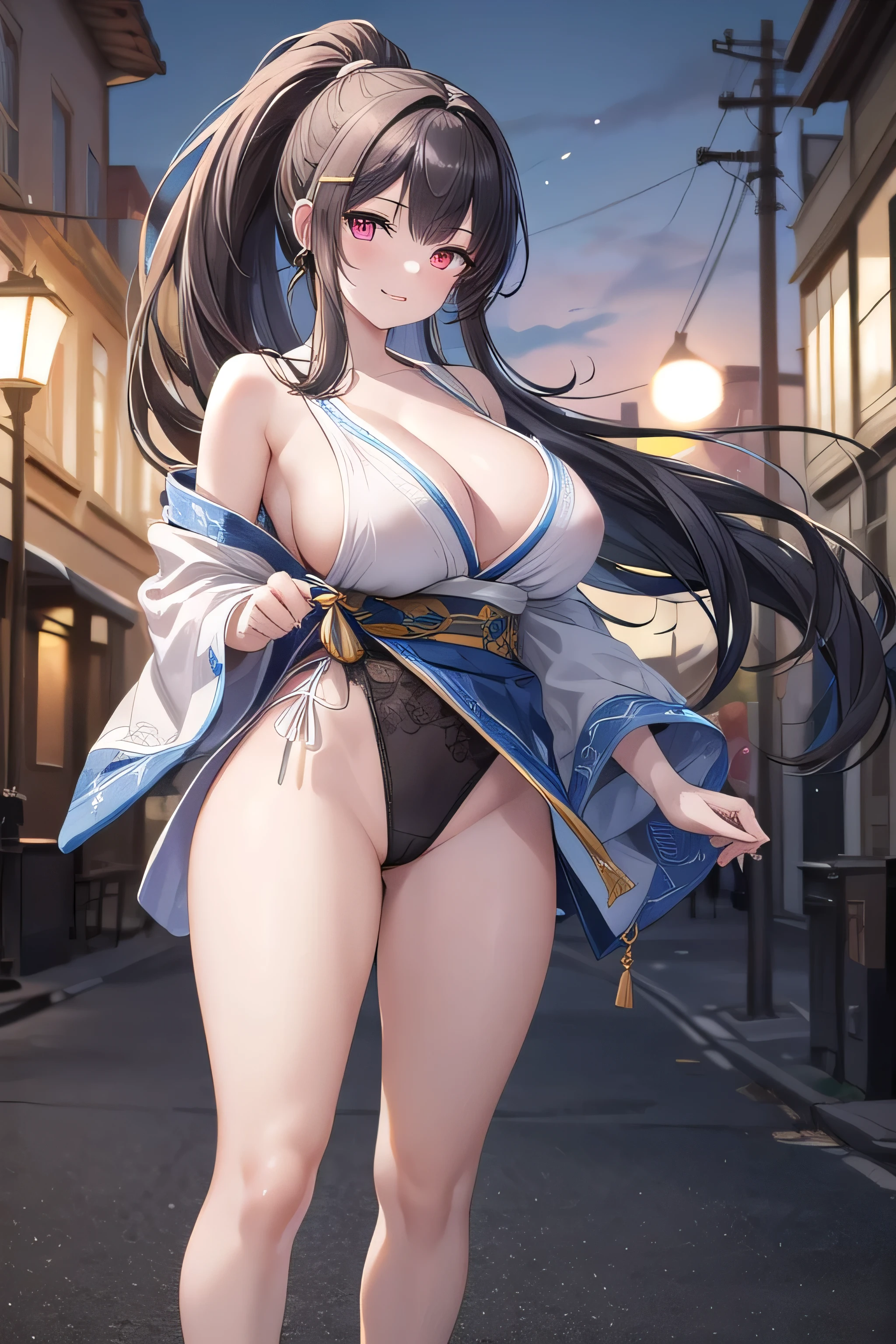 最high quality、high quality、best image quality、8K、最High resolution、High resolution、最high quality、masterpiece、whole body photos、 skin in every detail、 face in every detail、 eyes in every detail、 lips in every detail、 teeth in every detail、 ears with attention to detail、 hair with detailed details、arms with attention to detail、 hands with attention to detail、 fingers with attention to detail、 (fine hands、thumb1reference4)、 legs with attention to detail, feet with attention to detail, 8k, ultra HD, sharp focus, details hair, beautiful hair, details face, beautiful detail eye, details pupil, perfect hand, vibrant colours, soft lighting, best quality,4k,highres,masterpiece:1.2, ultra-detailed, portraits, HDR:1.1, vivid colors:1.1, studio lighting, bokeh, highly saturated colors, detailed background, subtle shadows, ethereal glow, pastel color palette, delicate details, sublime beauty, feminine charm, crisp focus, fine brushwork, impeccable craftsmanship, emotional depth, captivating storytelling, intriguing narrative)
, impressive realism, exceptional artistry, masterpiece-worthy, awe-inspiring.
1 girl, , white skin, long hair, random high ponytail hair, layers hair, bangs hair, beautiful girl, cute girl, sweet girl, pretty girl, perfect girl, perfect body, pretty eyes, red eyes, thin lips, (eye line, lip soft),huge, huge breast, saggy breasts, panties exposed, outdoors, smile, thigh, legs, hanfu, full cover, standing, photo on middle fancing camera, full body,