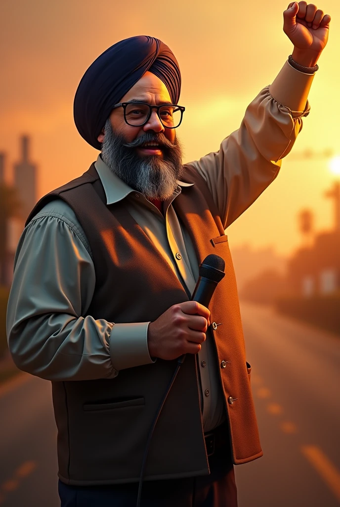 a sikh man reporter. Wear big glasses. Very fat.  Age 49, wearing a vest, muscular build, one hand raised up, holding a microphone, dramatic expression, photorealistic, ultra-detailed, 8k, best quality, masterpiece, cinematic lighting, golden hour, vibrant colors, intricate details