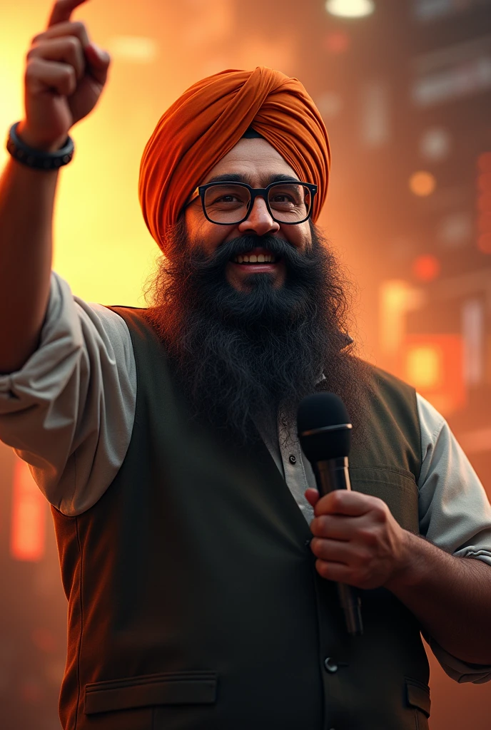 a sikh man reporter. Wear big glasses. Very fat. Age 49, wearing a vest, muscular build, one hand raised up, holding a microphone, dramatic expression, photorealistic, ultra-detailed, 8k, best quality, masterpiece, cinematic lighting, golden hour, vibrant colors, intricate details