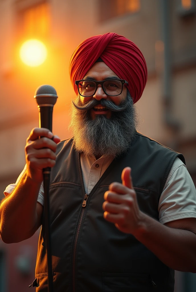 a sikh man reporter. Wear big glasses. Very fat. Age 49, wearing a vest, muscular build, one hand raised up, holding a microphone, dramatic expression, photorealistic, ultra-detailed, 8k, best quality, masterpiece, cinematic lighting, golden hour, vibrant colors, intricate details