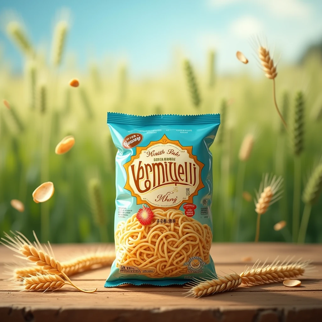 Create a social media ad for sweet vermicelli pack placed on a wooden surface with a few flying wheats and a blurry green wheat field in the background realistic blue gold colour scheme