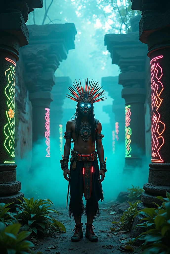 A high-resolution brightly lit photorealistic photograph of a cyberpunk tech wear shaman wearing shamanic ornaments and face mask tribals with tribal clothings and colourfull masks in uv green and blue with criptic signs glowing on the fabric standing by an ancient rain forest temple ruins glowing with criptic symbols of tribals and alienish paterns on the tree trunks glowing in uv red and pink colours smog and misty fog in the atmosphere broken ruins of ancient goddess skulptor glowing in uv colours The photograph is styled like a high-end lifestle Movie hdr32 k this orignal image octate render unreal lightings, highly detailed , photo realistic , unreal engine 5, depth of view, add noise, Effet de vent：1.9，Effets de nuage：1.2，Rendu complet，Encaustic painting,flammes, epic, dawn, dramatic lighting, dim light, bokeh, The photograph has a light bright happy feel. Use a high-resolution 16k camera with a 2:3 aspect ratio, a raw style, and a quality setting of 2 to capture this vibrant scene . 32k, full ultra hd, high resolution, photorealistic, natural lighting, ultra realistic photo, high quality, HDR, high resolution, smooth and delicate skin, noble and elegant, ultra-realistic photography vibe, shot with Canon camera, intricate details, 32k --ar 16:9 --s 750 --v 6.1