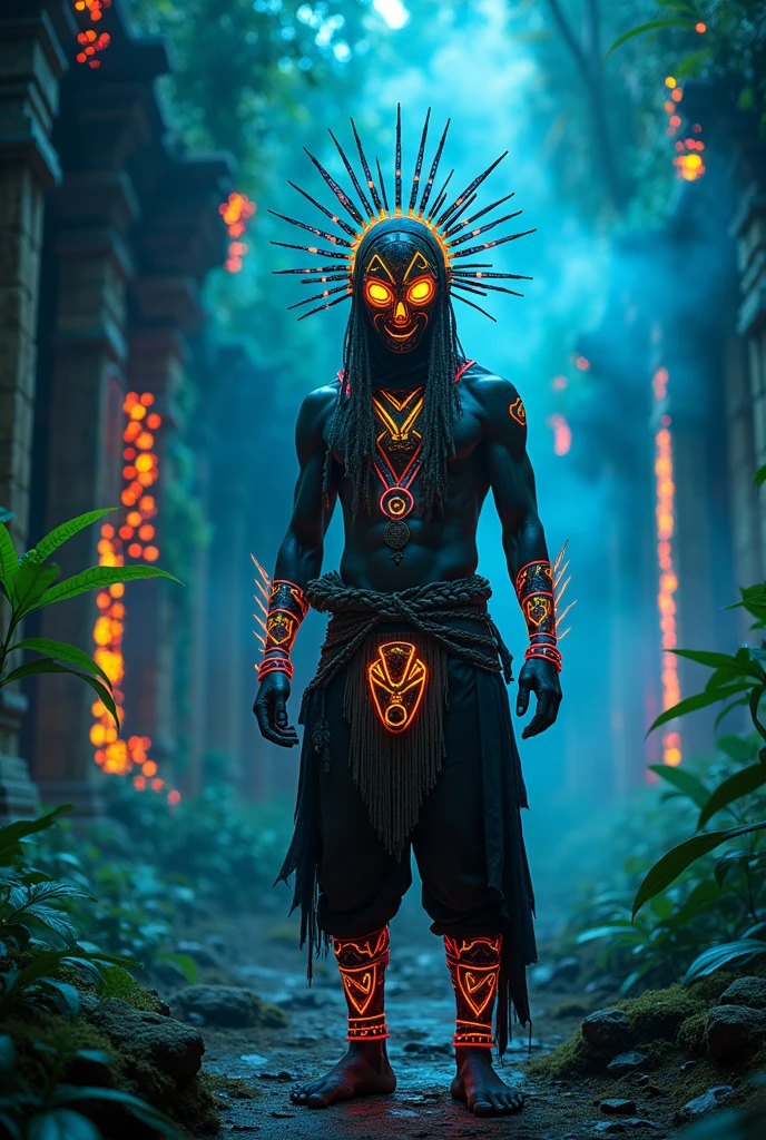 A high-resolution brightly lit photorealistic photograph of a cyberpunk tech wear shaman wearing shamanic ornaments and face mask tribals with tribal clothings and colourfull masks in uv green and blue with criptic signs glowing on the fabric standing by an ancient rain forest temple ruins glowing with criptic symbols of tribals and alienish paterns on the tree trunks glowing in uv red and pink  turquoise blue and green colours smog and misty fog in the atmosphere uv glowing blury lightings on the path way lighting the whole aura broken ruins of ancient goddess skulptor glowing in uv colours a ceremony of the tribes The photograph is styled like a high-end lifestle Movie hdr32 k this orignal image octate render unreal lightings, highly detailed , photo realistic , unreal engine 5, depth of view, add noise, Effet de vent：1.9，Effets de nuage：1.2，Rendu complet，Encaustic painting,flammes, epic, dawn, dramatic lighting, dim light, bokeh, The photograph has a light bright happy feel. Use a high-resolution 16k camera with a 2:3 aspect ratio, a raw style, and a quality setting of 2 to capture this vibrant scene . 32k, full ultra hd, high resolution, photorealistic, natural lighting, ultra realistic photo, high quality, HDR, high resolution, smooth and delicate skin, noble and elegant, ultra-realistic photography vibe, shot with Canon camera, intricate details, 32k --ar 16:9 --s 750 --v 6.1