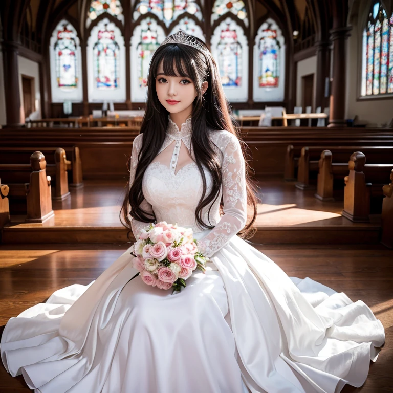 best quality, Delicate face，beautiful visual work, lifelike,  eternity, black hair, Long curly hair, blunt bangs, Smile, Detailed Background,  Delicate face，pink blush，cold，((masterpiece))、(top quality)、8k、high detail、Super detailed，31 years old female，Seductive and whimsical style、masterpiece、born、Scenes resembling fairy tale illustrations、Intricate details and complex designs、Beautifully、magic、capricious、 Beautifully、Dream aesthetics、「𝓡𝓸𝓶𝓪𝓷𝓽𝓲𝓬、ethereal、charming、fickle、magic」、Realism、Visual effects、FXAA、SSAO、Shaders、voiceless、ambient lighting、Tone mapping、High resolution、Ultra high quality、Million pixels、(8K resolution:1.10)、8k、Below 8K、8K resolution、high detail、intricate details， (high quality:1.2、masterpiece:1.2、:1.21)、(31 years old female:1.21)、(Smile excitedly)、(Surrounded by the dreamy atmosphere、Model diagram，full-body shot，Normal 2 feet，Don't show your fingers，wearing white princess wedding dress, Don’t show your feet, big skirts, princess dress, wedding princess dress, ball gown wedding dress, bride, bridal veil,in the church，Holding flowers in both hands， long skirt, long sleeves,a bride, skirt covers feet.