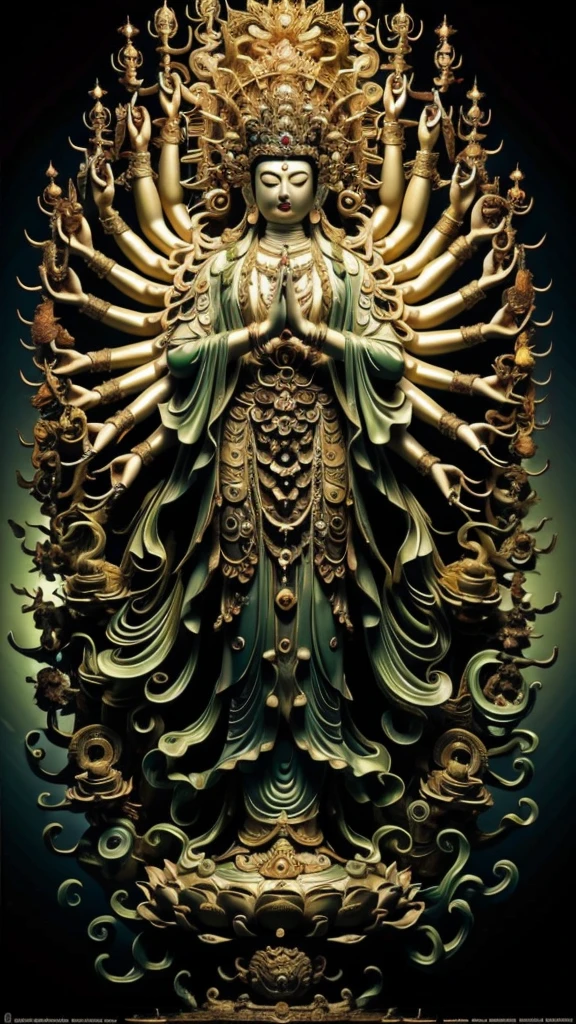  statue of guan yin made of jade and jewelry, crystal clear and shinning, beautyfull  face, multiple hands holding some treasure weapons , detailed hands,  floating red ruby lotus , full body, masterpieces, super detail, epic composition, ultra HD, high quality, extremely detailed, official art, unified 8k wallpaper, Super detail, 