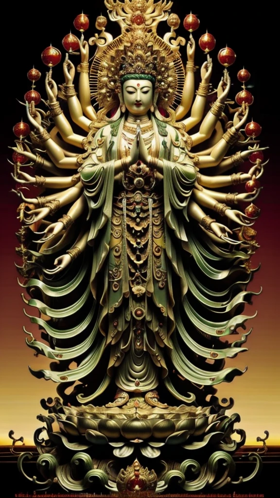  statue of guan yin made of jade and jewelry, crystal clear and shinning, beautyfull  face, multiple hands holding some treasure weapons , detailed hands,  floating red ruby lotus , full body, masterpieces, super detail, epic composition, ultra HD, high quality, extremely detailed, official art, unified 8k wallpaper, Super detail, 