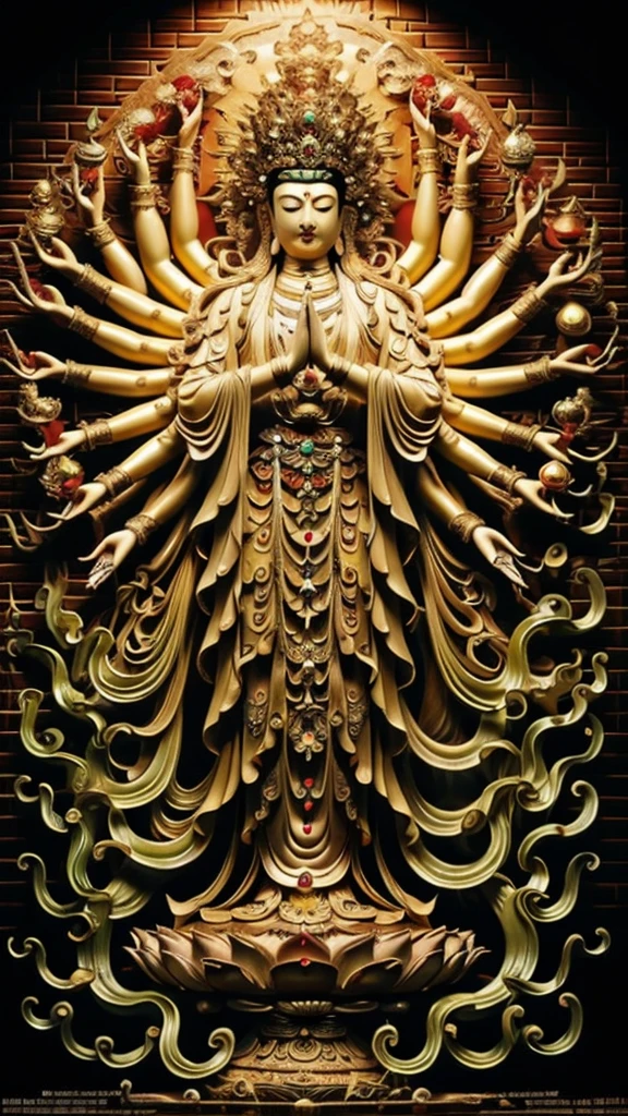  statue of guan yin made of jade and jewelry, crystal clear and shinning, beautyfull  face, multiple hands holding some treasure weapons , detailed hands,  floating red ruby lotus , full body, masterpieces, super detail, epic composition, ultra HD, high quality, extremely detailed, official art, unified 8k wallpaper, Super detail, 