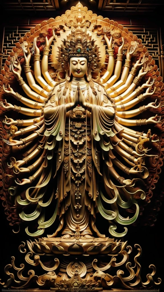  statue of guan yin made of jade and jewelry, crystal clear and shinning, beautyfull  face, multiple hands holding some treasure weapons , detailed hands,  floating red ruby lotus , full body, masterpieces, super detail, epic composition, ultra HD, high quality, extremely detailed, official art, unified 8k wallpaper, Super detail, 