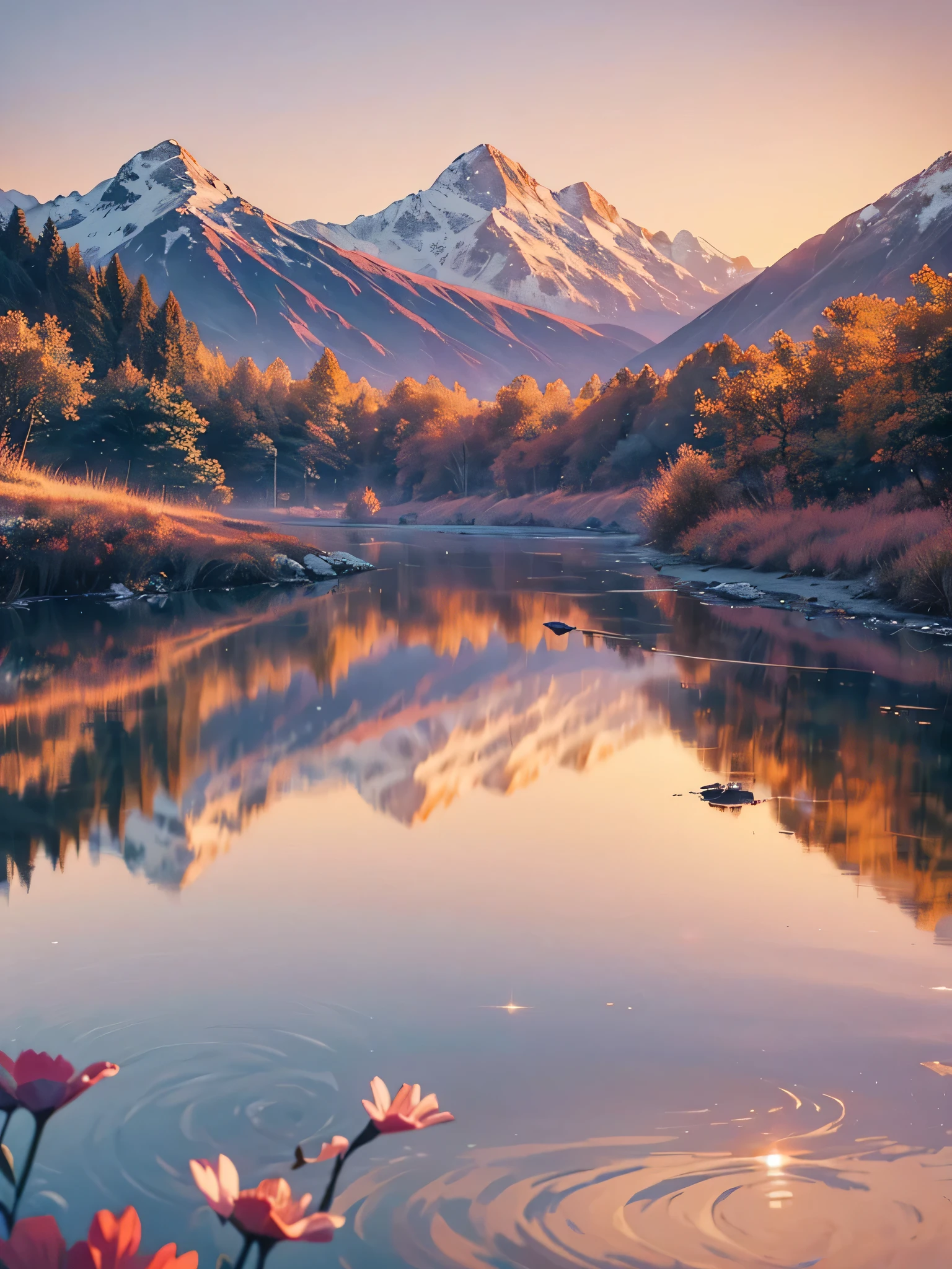 Here's a detailed prompt for generating AI images of beautiful scenery:
"Create a serene landscape featuring a tranquil lake surrounded by lush green forests. The scene is set at dawn, with the first light of the sun casting a golden glow on the water. Mist gently rises from the lake, adding a mystical atmosphere. In the background, towering snow-capped mountains provide a majestic backdrop, while a few scattered wildflowers bloom near the water's edge. The sky is painted in soft hues of pink, orange, and purple, reflecting off the calm surface of the lake. The overall mood is peaceful and awe-inspiring."