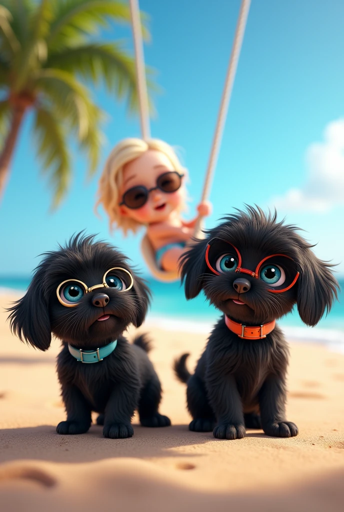 cute adorable 2 black shih tzu puppies with big blue eyes wearing sunglasses, cute blonde girl with big blue eyes wearing sunglasses, extremely detailed, big blue eyes, wearing colorful collar and sunglasses, swinging from a plam tree, 3D Pixar style, at beach, photorealistic, (best quality,8k,highres,masterpiece:1.2),ultra-detailed,(realistic:1.37),HDR,vivid colors,studio lighting