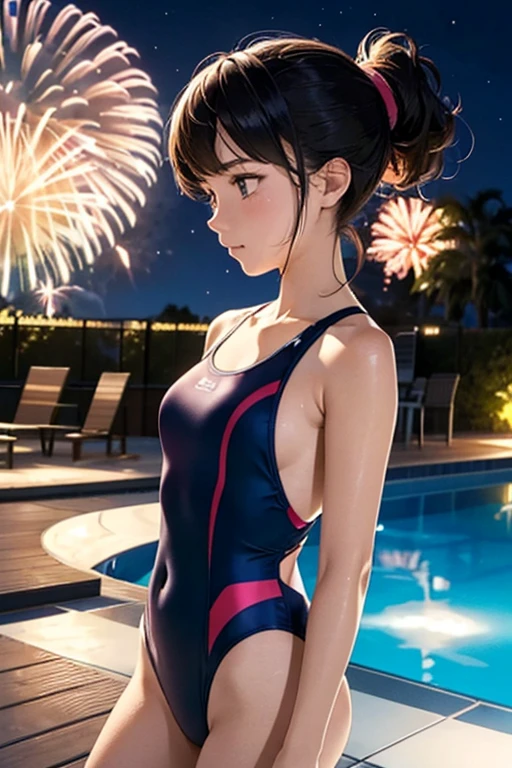 An 18-year-old girl looks up at fireworks by the pool。One piece swimsuit and ponytail。Front angle looking up from the thigh