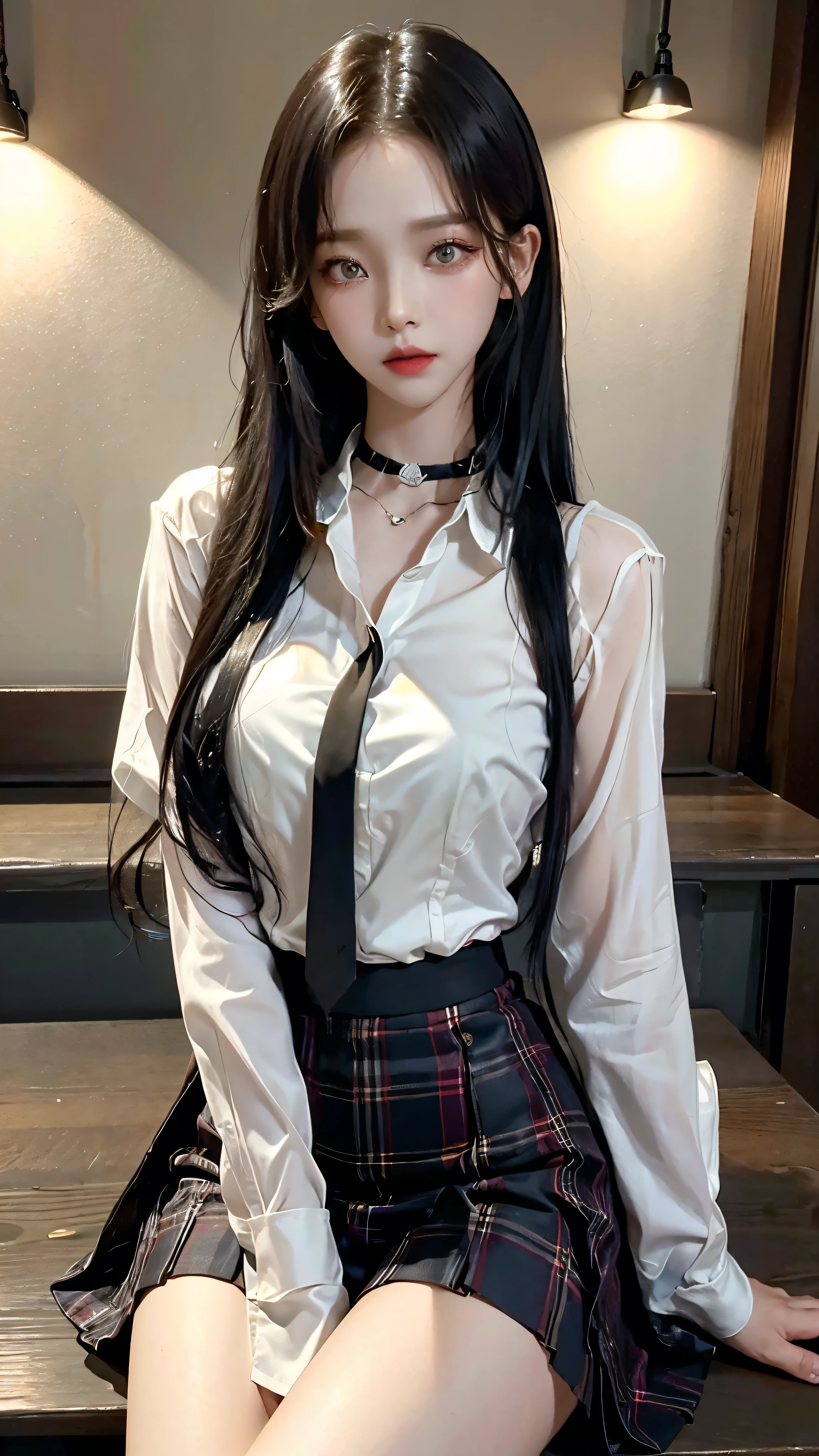 exposed, 큰 chest, 젖어서 chest이 보이는 흰색 shirt, masterpiece, best quality, whole body, 1 woman, forehead, black choker, black necktie, blond hair, panties, blush, bracelet, chest, choker, clothes approximately waist, clavicle, collared shirt, dress shirt, ear piercing, eyebrows visible through hair, gradient hair, 이를 드러내고 laugh, fix, bijouterie, Kogal, long hair, looking at viewer, loose necktie, necktie, piercing, plaid, plaid skirt, pleated skirt, red eyes, ring, , shirt, skirt, laugh, alone, sky, sitting on a chair inside a cafe,illustration, (Magazines:1.3), (sheathe-style:1.3), fashionable, female, vibrant, outfit, posing, front, fancy, dynamic, background, coercion, confidence, expression, possession, name, accessories, majestic, coil, approximately, touch, scene, texts, sheathe, brave, attracting attention, title, Refined, font, catchy, headline, bigger, striking, modern, Trend, Concentrate upon, fashion,