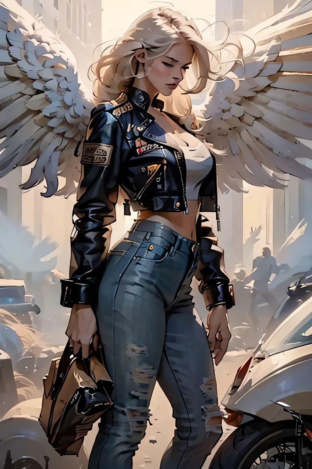 Female angel, motorcyclist, Linda, blonde, motorcycle jacket, jeans, chapeu de cowboy, two pairs of huge wings, posing for the photo, drawn by Alan Moore, no back ground, posing for the camera. chapeu de cowboy