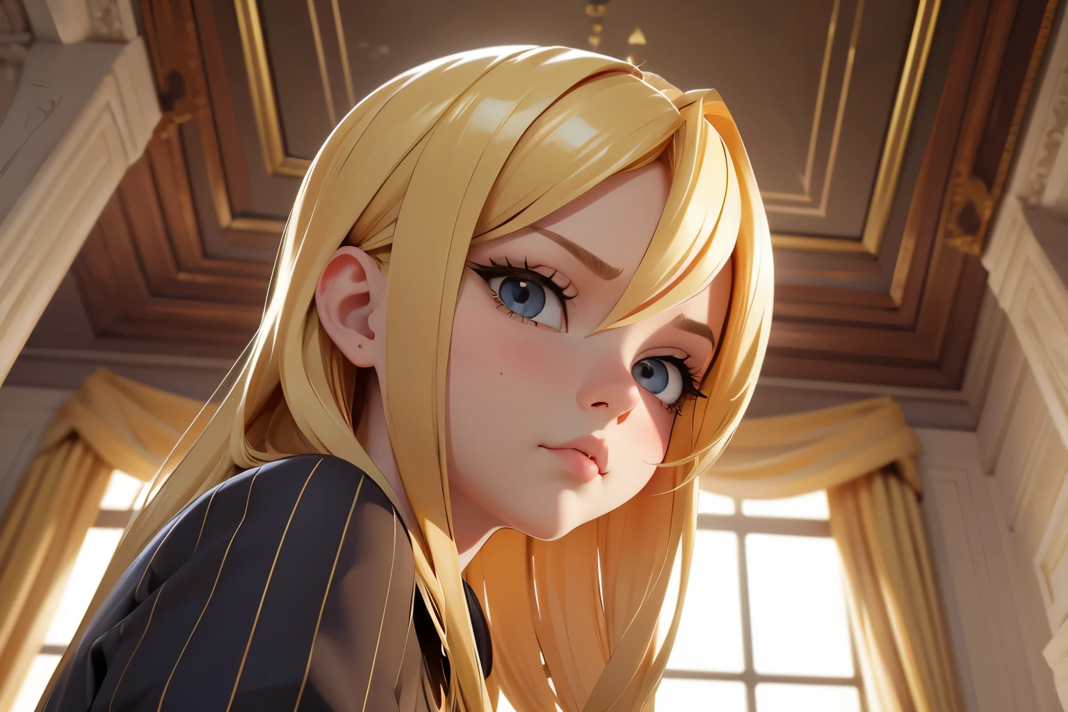 Arrogant young lady, blonde 　look of disgust　looking at the camera　 Inside the mansion　up　Low - Angle