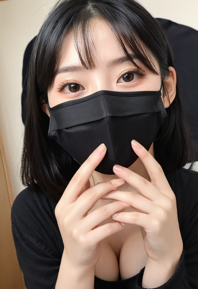 ((Wear a black mask))、((Hiding face with hands)、Please cover your face with your hands、Shooting from below、Your eyes are smiling、bright、OK、Shortcuts、18-year-old、目元はsmile、smile、With black underwear、Very obscene、((Selfie style in my room)),((student))、((Very young))、((very cute))、((So adorable))、((Please wear a black non-woven mask.....)),Highest quality, masterpiece, Ultra-high resolution, (Realistic:1.4), RAW Photos, Very detailed, Perfect Anatomy, 1 person, 18-year-old, Famous Japanese idols, Front view, Crotch close-up,, ((Accentuate your breasts))