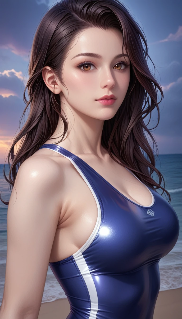 score_9, score_8_superior, score_7_superior, High-resolution CG illustration,A masterpiece in 32K resolution,Highest quality,it is really amazing,Very detailed,Ultra-high resolution,Ultra-realistic,Realistic,Increased depth of field,Cinematic lighting,
Sexy mature Japan woman,
Straight long hair with black hair,Ultra-detailed and beautiful face,Calm and gentle look,Beautiful brown eyes,Translucent white skin,Realistic skin texture,Great proportions,
Sexy high leg swimsuit,
Artistic design,Chic color scheme,Detailed fabric texture,
Dark overcast sky on a dull night,Dark clouds filling the sky,Thundercloud,Coastline at night,Stormy seas,delay々A desolate sandy beach that continues,
Beautiful bust up,Cinematic Angle,
