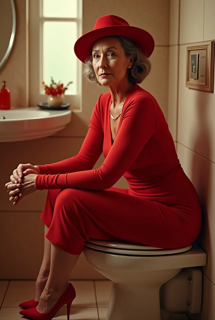 60 years old beautiful woman, fashion model, sophisticated hair style, sexy, double chin, wrinkled face, skin imperfections, freckles, elegant top class lady, round face, dressed with a tigth elegant red high fashion futuristic art deco dress, red hat, sit on a toilet of an art deco bathroom, thoughtful, hyper detailed realistic scene, closeup shot, dynamic natural pose, red stiletto shoes ((full body shot))