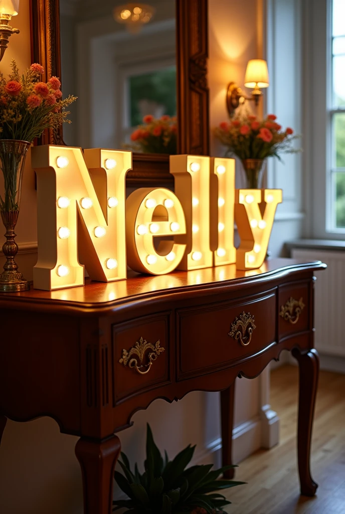 Event centerpiece with illuminated letters that say Nelly on top of a hall table in a daytime home